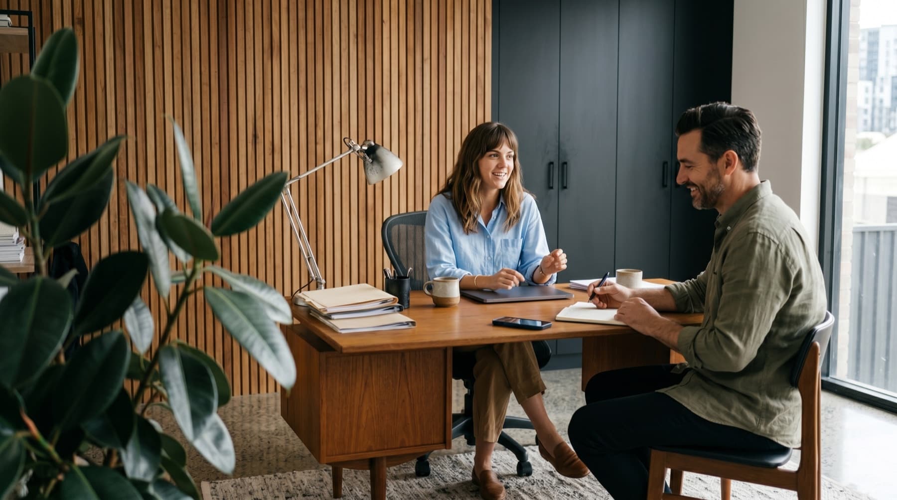 Financial adviser meeting with a client across a desk