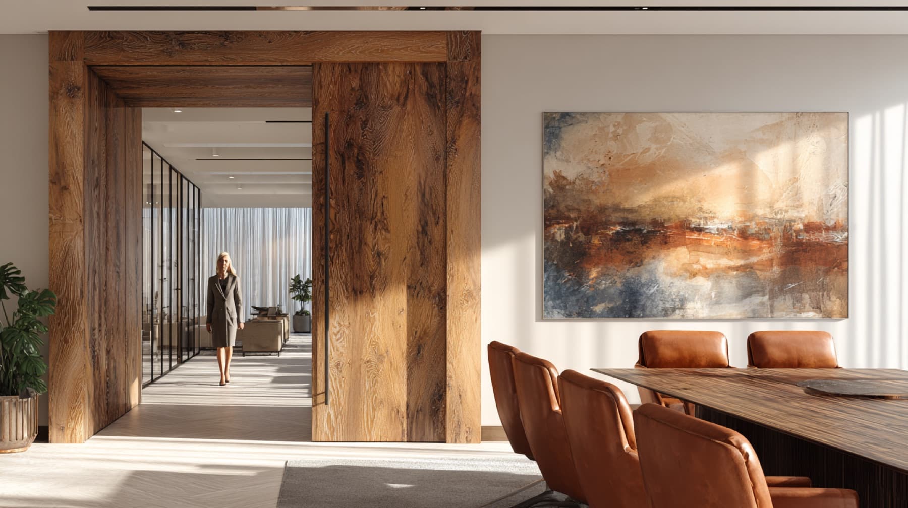 Wealth management office with warm oak joinery and soft natural light